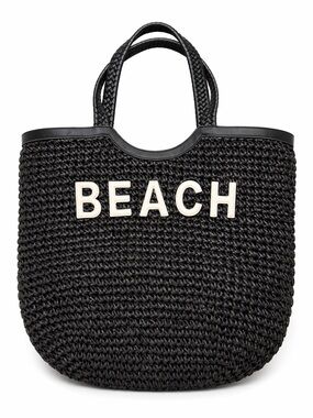 Black 'BEACH' Woven Tote Bag